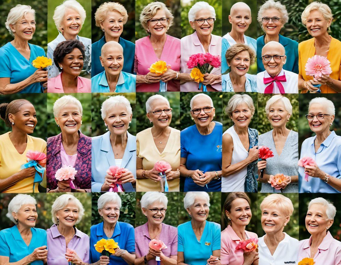 A collage of celebrities interacting warmly with cancer survivors in a colorful outdoor setting, highlighting moments of inspiration and hope. Include symbols of cancer awareness like ribbons and flowers, blending them into the background. Showcase expressions of joy, strength, and community through body language and facial expressions. Utilize soft, uplifting colors to evoke emotion and warmth. vibrant colors. super-realistic.