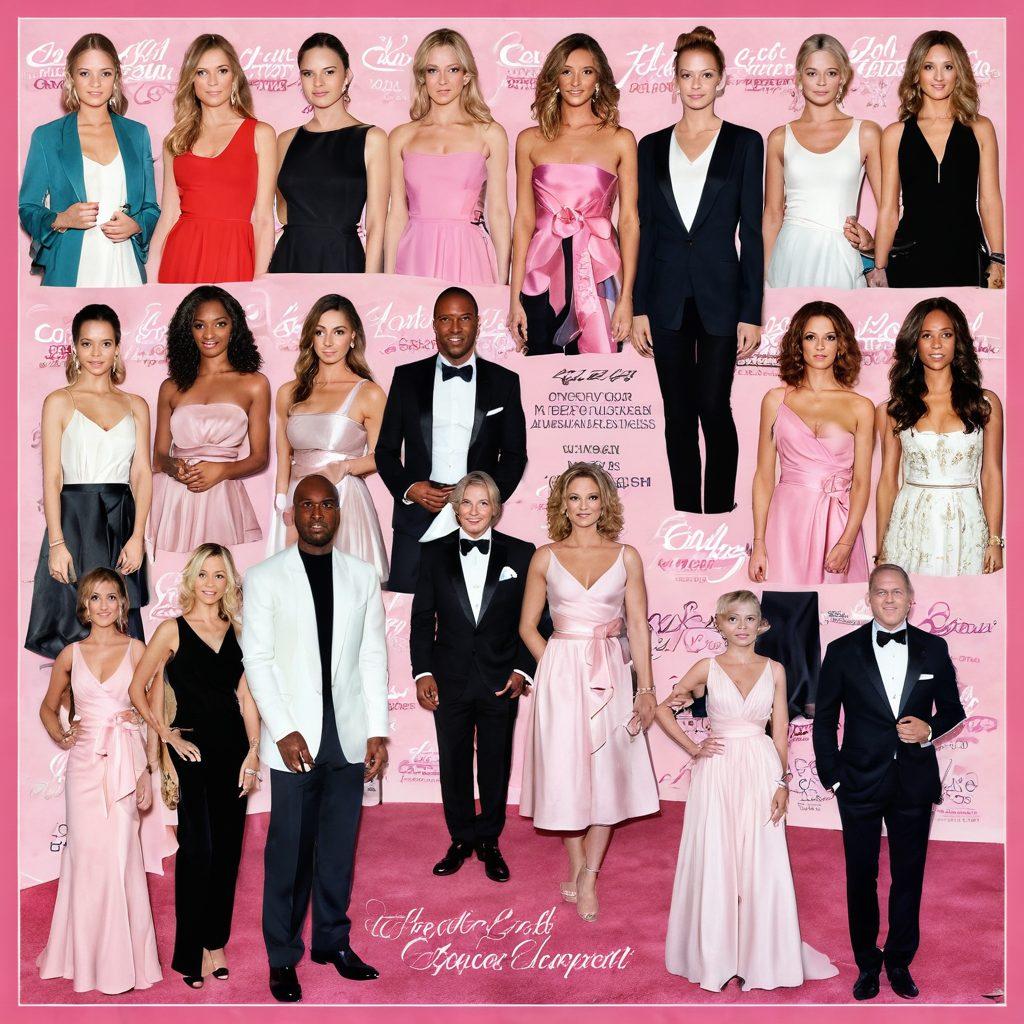 A montage of celebrities at various charity events for cancer support, including a red carpet scene with glamorous outfits, surrounded by symbolic elements like pink ribbons and inspiring quotes. Highlight a sense of hope and togetherness, with a focus on compassion and awareness. The background should include soft pastel colors for a warm, uplifting feel. super-realistic. vibrant colors.